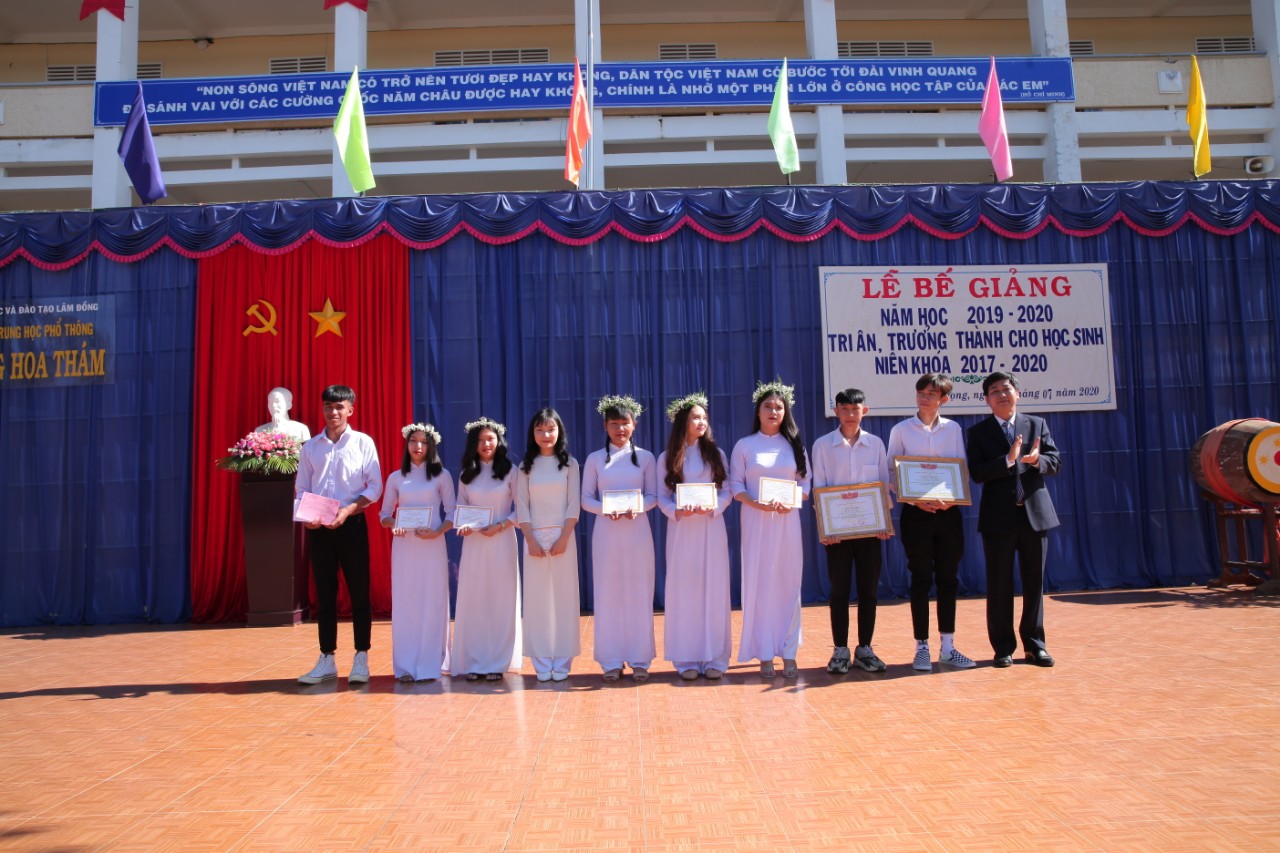 Thầy Lê Văn Trung Phó hiệu trưởng nhà trường trao thưởng cho các em học sinh đạt giải các cuộc thi cấp Tỉnh năm học 2019 2020