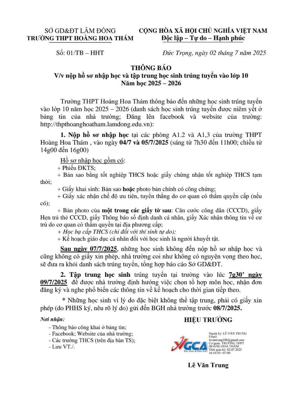 THÔNG BÁO NỘP HỒ SƠ NHẬP HỌC & TẬP TRUNG HỌC SINH TRÚNG TUYỂN VÀO LỚP 10 NĂM HỌC 2025-2026