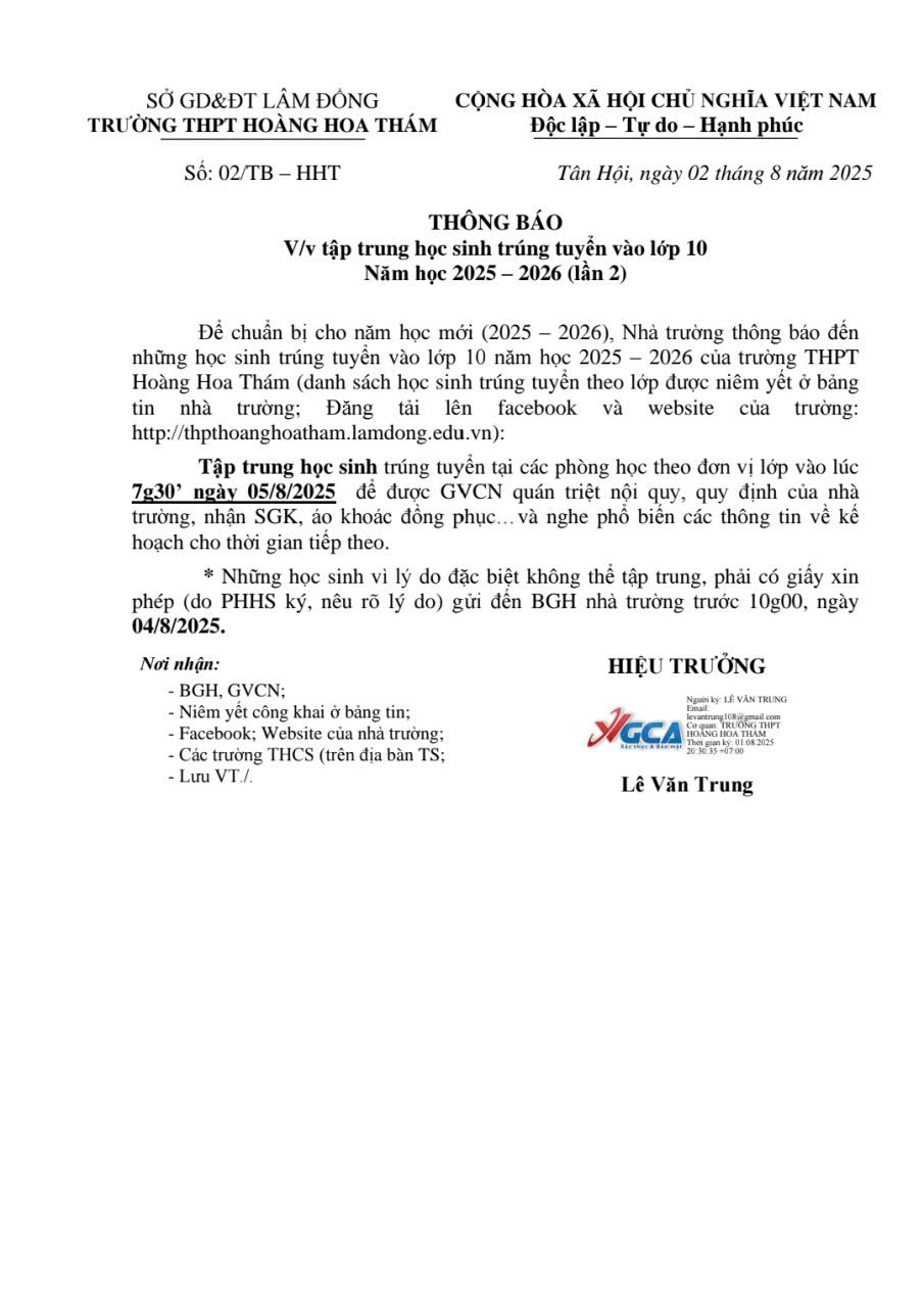 THÔNG BÁO TẬP TRUNG HS TRÚNG TUYỂN VÀO LỚP 10 lần 2